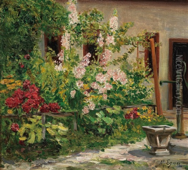 Front Garden With Blossoming Hollyhocks Oil Painting - Marie Egner