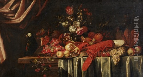Still Life With Lobster, Fruits And A Bird Oil Painting - Michiel Simons