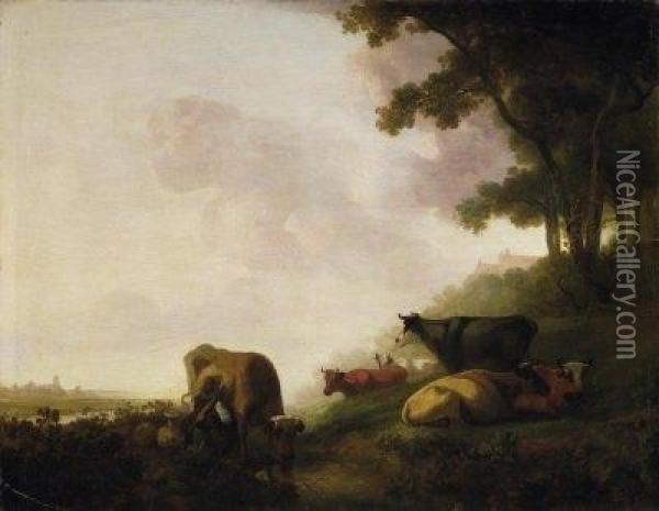 Farmer In The Morning Mist 
Milking The Cows On The Fields. Signed Bottom Right: J.v. Stry Oil Painting - Jacob Van Stry
