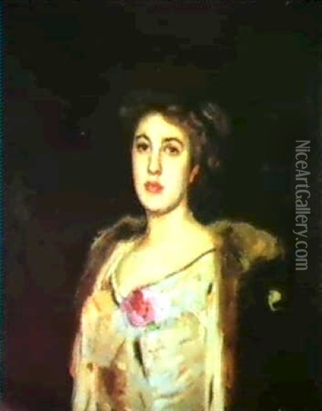 Portrait Of A Lady, Half Length, In A Green Dress Oil Painting - Franz Seraph von Lenbach