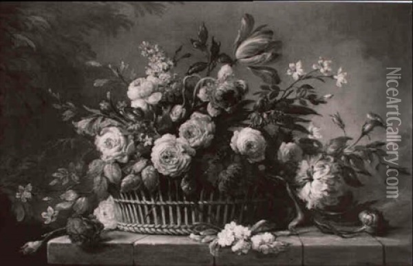 Roses, Tulips And Other Flowers In A Basket On A Ledge Oil Painting - Jean-Baptiste Monnoyer