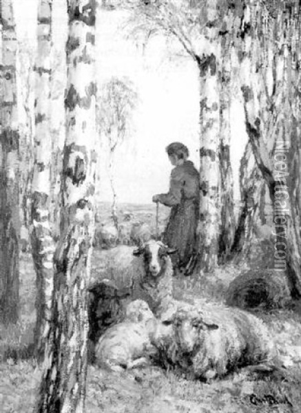 Shepherdess With Her Flock In A Wooded Landscape Oil Painting - Ernst Paul