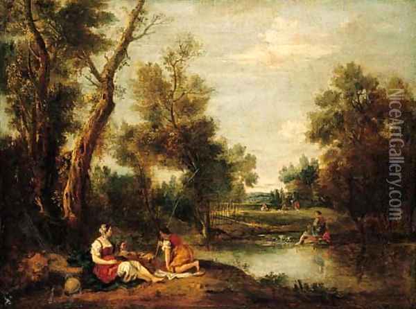 A wooded river landscape with figures resting on a bank Oil Painting - Francesco Zuccarelli