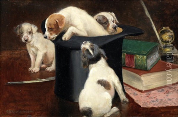 Puppies Playing In A Top Hat Oil Painting - George Derville Rowlandson