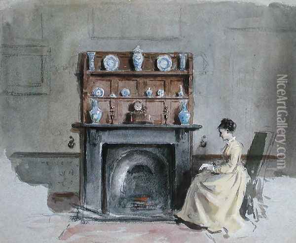 Lady Seated by Fireplace Oil Painting - George Goodwin Kilburne
