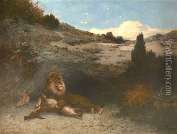 Lion Devorant Une Antilope Oil Painting - Pierre Auguste Brunet-Houard