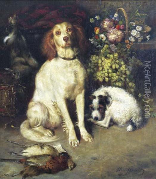 Dogs With Flowers And Game Oil Painting - William Strutt