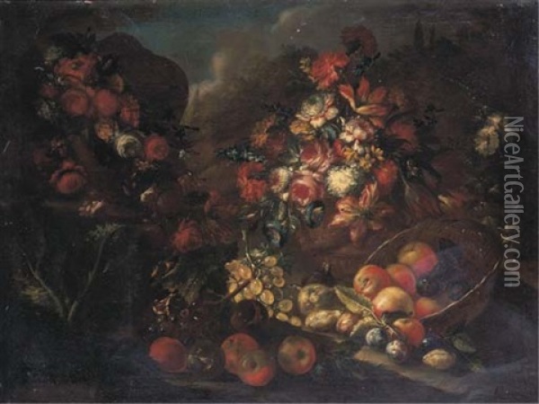 Tulips, Carnations, Roses And Other Flowers In A Vase, With Flower Garlands Draped Around An Urn On A Stone Pedestal, With Fruits And Flowers On A Forest Floor Oil Painting - Luca Forte