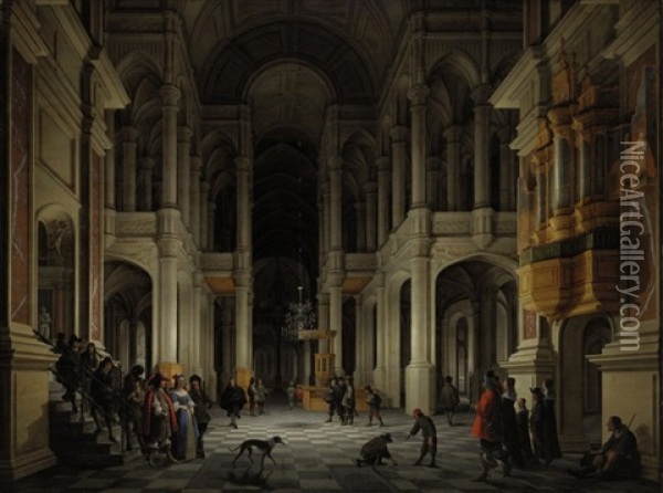 The Interior Of A Renaissance-style Church At Night With An Elegant Couple Making An Entrance Oil Painting - Anthonie Delorme