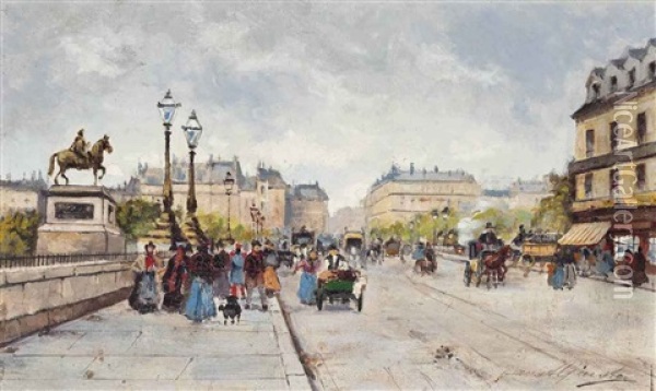 A Busy Day On The Pont Neuf, Paris Oil Painting - Fausto Giusto