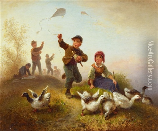 Kinder Mit Drachen Oil Painting - Wilhelm Alexander Meyerheim