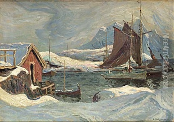 Segeltorkning, Lofoten Oil Painting - Oscar Hullgren