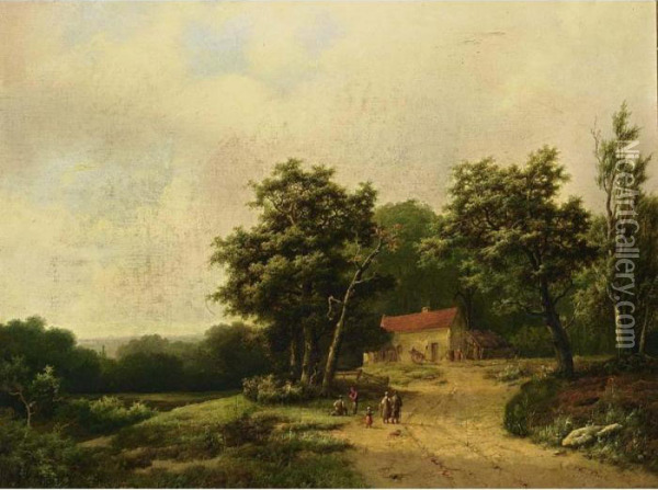 A Summer Landscape With Figures By A Farm Oil Painting - Marianus Adrianus Koekkoek