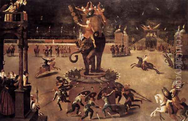Merry-go-round with Elephant Oil Painting - Antoine Caron