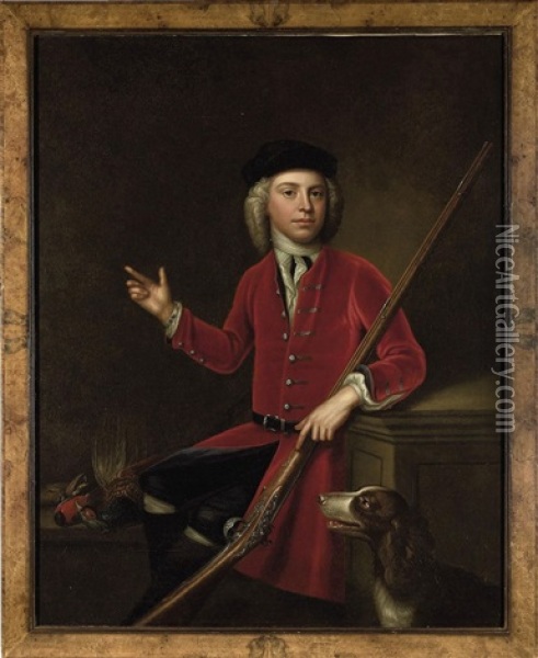 Portrait Of A Young Man, His Gun Under His Left Arm And His Hound By His Side, With A Dead Pheasant And Game Birds On A Ledge Oil Painting - Hans Hysing