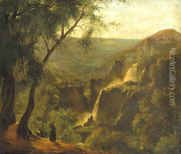 Monks standing on a wooded outcrop overlooking a rivervalley, a waterfall nearby Oil Painting - French School