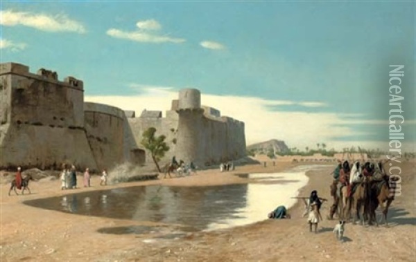 An Arab Caravan Outside A Citadel Oil Painting - Jean-Leon Gerome