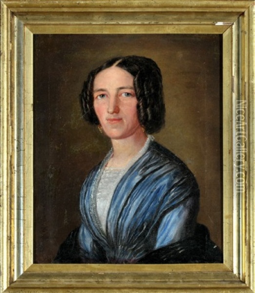 Portrait Einer Dame Im Blauen Kleid In Dreiviertel-ansicht Oil Painting - David Heinemnann