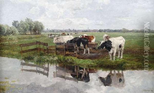 Gazing Land Withcattle In Front Of A Town Silhouette. Oil Painting - Hermann Baisch
