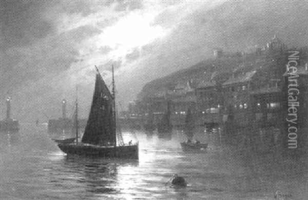 Whitby Harbour By Moonlight Oil Painting - Walter Linsley Meegan