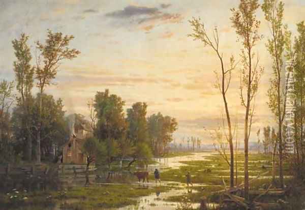 Neatherds returning home in a river landscape Oil Painting - Guido Carmignani
