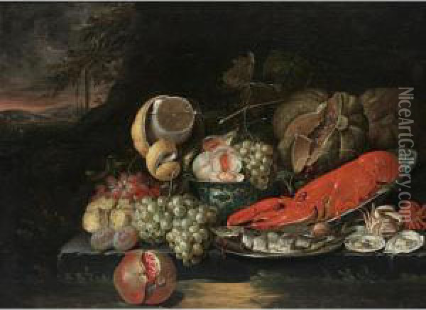 A Sumputuous Still Life With A 
Lobster In A Wan-li Bowl,a Herring On A Silver Plate, Grapes, Peaches, 
And Figs In A Wan-li Bowl, A Lemon In A Roemer, Pumpkins, A Pomegranate,
 Together With Oysters And Crabs, All On A Stone Ledge In A Landscape Oil Painting - Jan Pauwel Gillemans The Elder