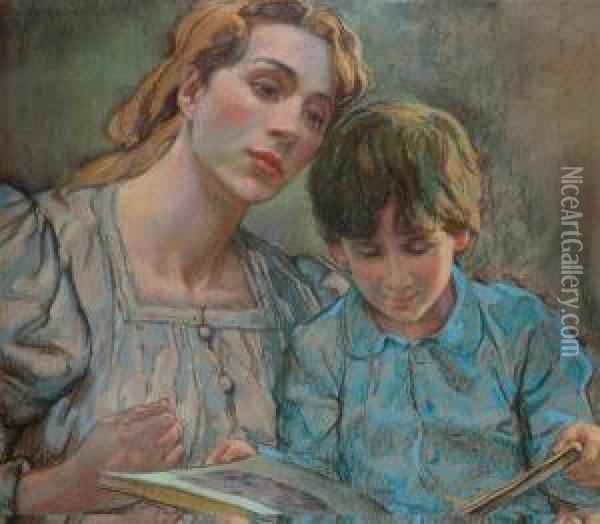 Femme Et Enfant A La Lecture Oil Painting - Stanislaw Wyspianski