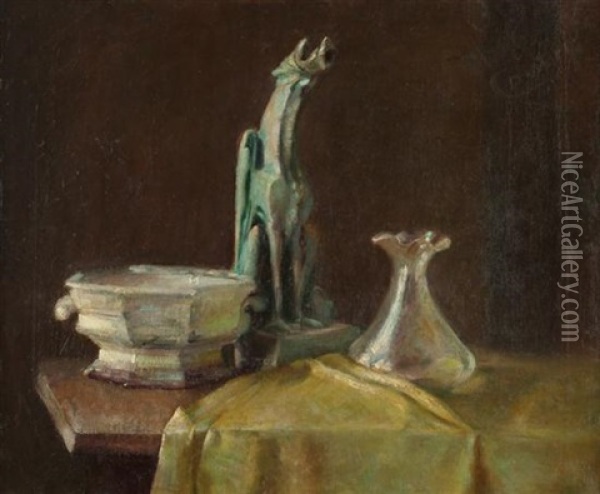 Still Life With Gargoyle Figurine And Vase And Compote Oil Painting - Maurice Compris