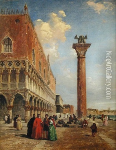 View From Piazza San Marco Looking Towards The Ponte Della Paglia, Venice (+ St. Mark's Square Looking Towards The Basilica Santa Maria Della Salute, Venice, In The Background; Pair) Oil Painting - Edward Pritchett