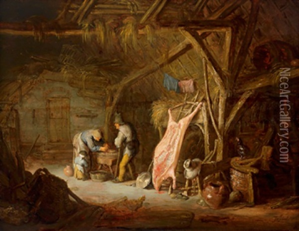 Eine Bauerliche Familie Beim Zubereiten Von Fleisch In Einer Scheune Oil Painting - Isaac Van Ostade