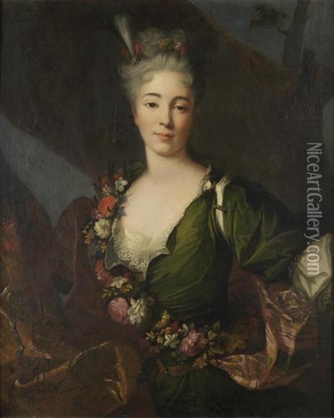 Portrait De Femme De Qualite A La Guirlande De Fleurs Oil Painting - Jean-Francois Delyen