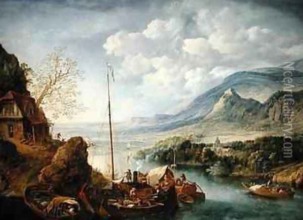 A Rhenish River Landscape with Boats in the Foreground Oil Painting - Jan Griffier