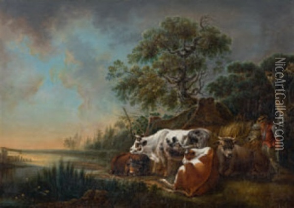 Uferlandschaft Mit Hirte Und Kuhen Oil Painting - Johann Jakob Schalch