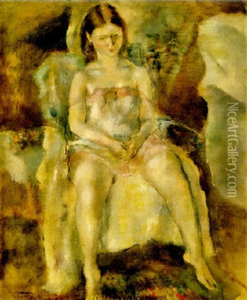 Jeune Fille Assise (opalescent) Oil Painting - Jules Pascin
