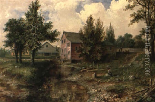 Fishing At The Mill Stream Oil Painting - Robert Heard Whale