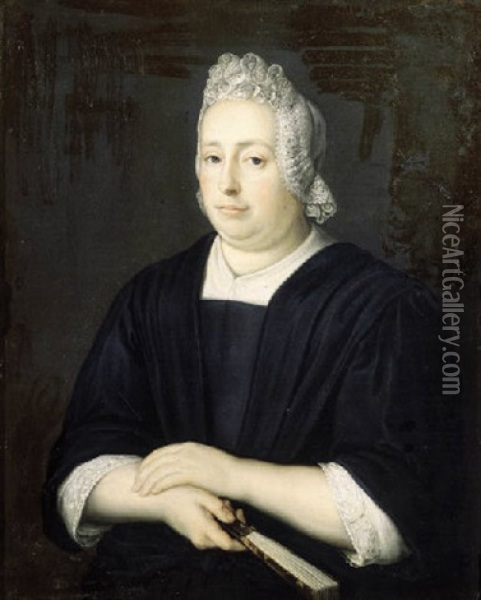 Portrait Of A Lady, Half-length, Wearing A Black Dress With Lace Chemise And Bonnet, Holding A Fan Oil Painting - Martinus De La Court