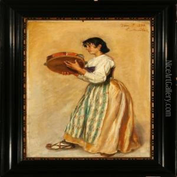 Italian Woman With A Tambourine Oil Painting - Tom Petersen