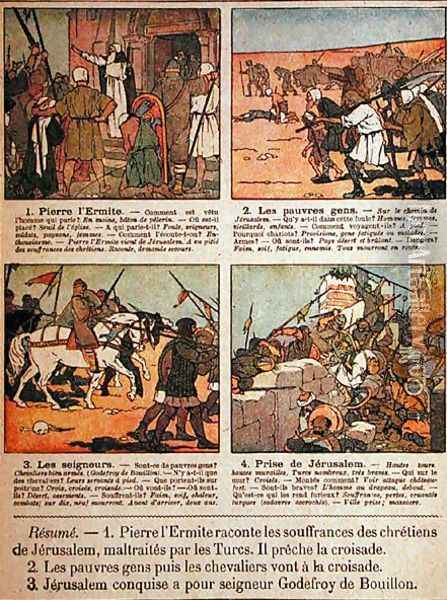 School exercises based around the Crusades, from Histoire de France by E. Devinat and A. Touriel, 1923 Oil Painting - F. Raffin