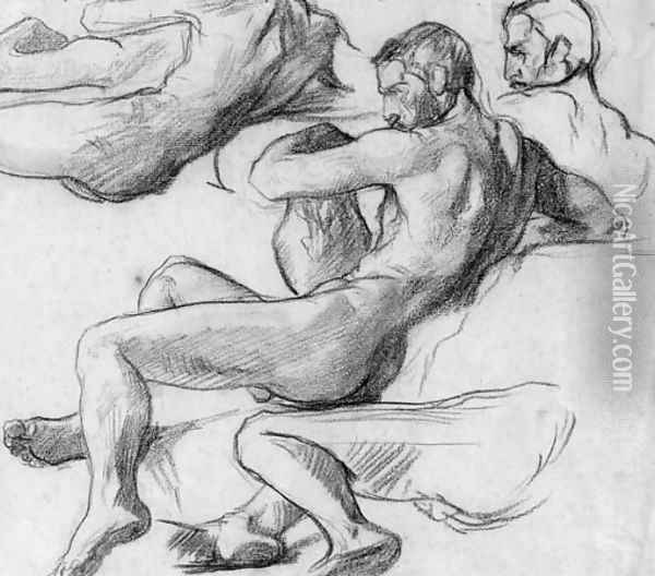 A reclining nude holding an urn, with subsidiary studies of his head, torso and legs Oil Painting - Henri (Karl Ernest Rudolf Heinrich Salem) Lehmann