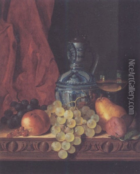 Still Life With Wine Glass, Wine Jug, Peach, Pear, Plums And Grapes Oil Painting - Edward Ladell