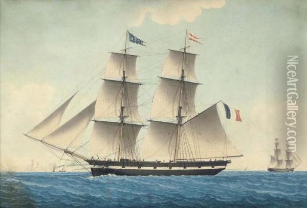 The French Brig 
L'adela Under Full Sail In The Mediterranean Off Marseilles Oil Painting - Joseph Honore Maxime Pellegrin