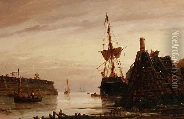 Harbour Scene At Sunset Oil Painting - William Lionel Wyllie