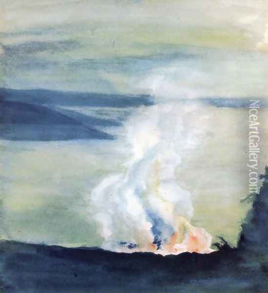 Crater Of Kilauea And Dana Lake In Twilight Oil Painting - John La Farge