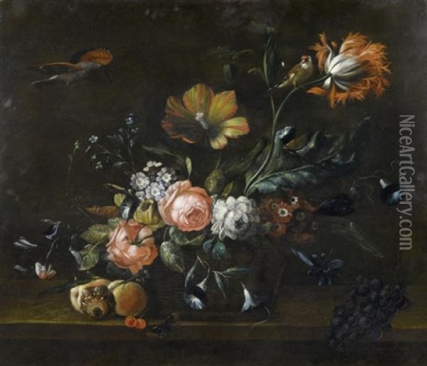 Blumenstilleben Mit Kleinvogel Und Einem Schmetterling Oil Painting - Johann Matthias Wurzer