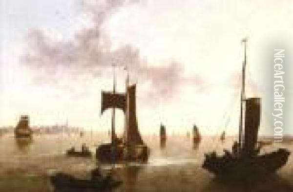 Attributed To Aelbert Cuyp . Ships In A Harbor Oil Painting - Aelbert Cuyp