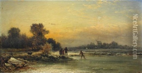 A Fisherman And His Family By A Frozen River, A Windmill Beyond Oil Painting - George Vicat Cole