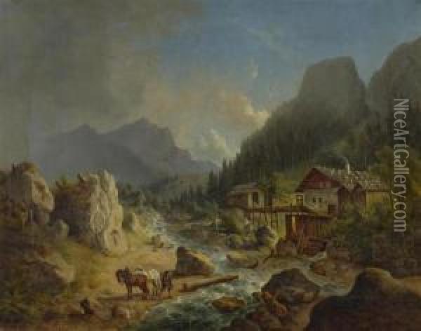 Gebirgslandschaft Mit Bach. 1841. Oil Painting - Franz Xaver Von Hofstetten