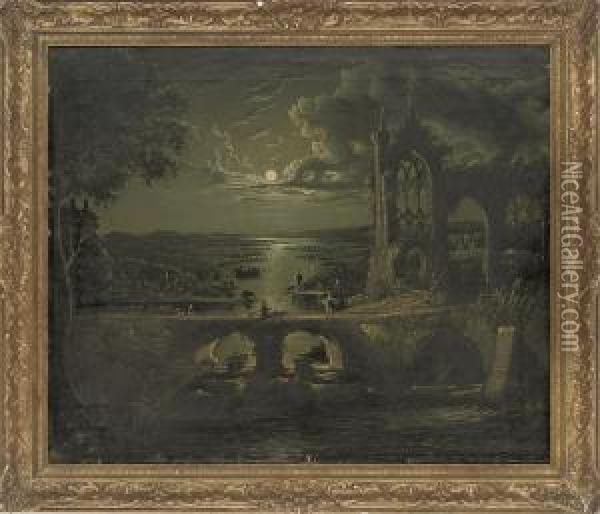A Moonlit View Of A River With A Ruined Abbey In The Foreground And Figures On A Bridge Oil Painting - Abraham Pether