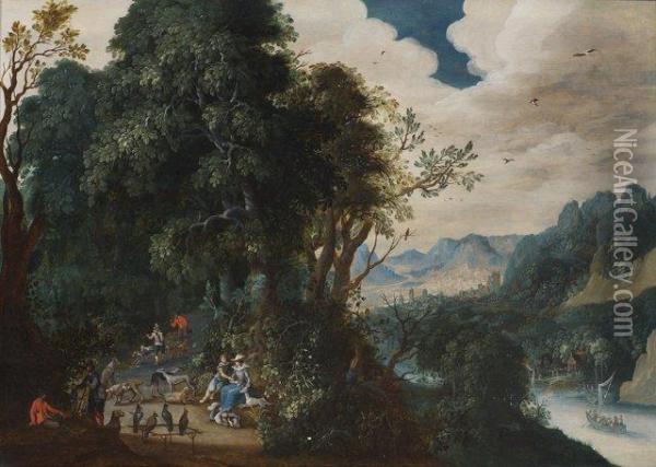 Promeneurs Dans Un Paysage De Montagnes Oil Painting - Johann Jakob Hartmann