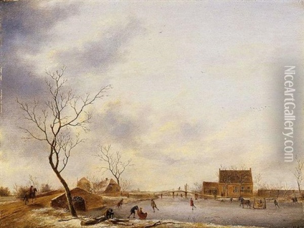 A Winter Landscape With Skaters Oil Painting - Johannes I Janson